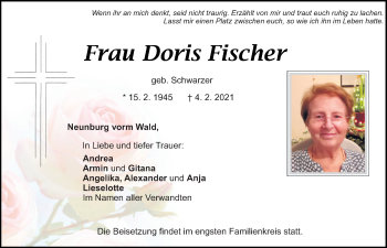 Traueranzeige von Doris Fischer von Mittelbayerische Zeitung Schwandorf
