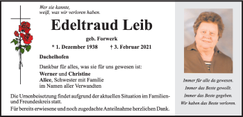 Traueranzeige von Edeltraud Leib von Mittelbayerische Zeitung Schwandorf