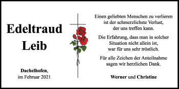 Traueranzeige von Edeltraud Leib von Mittelbayerische Zeitung Schwandorf