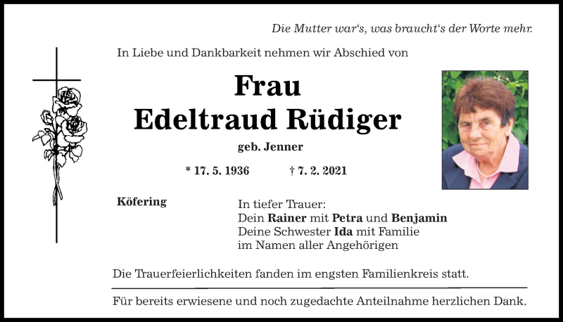  Traueranzeige für Edeltraud Rüdiger vom 13.02.2021 aus Mittelbayerische Zeitung Regensburg