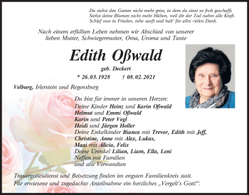 Traueranzeige von Edith Oßwald von Neumarkter Tagblatt