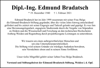 Traueranzeige von Edmund Bradatsch von Mittelbayerische Zeitung Regensburg