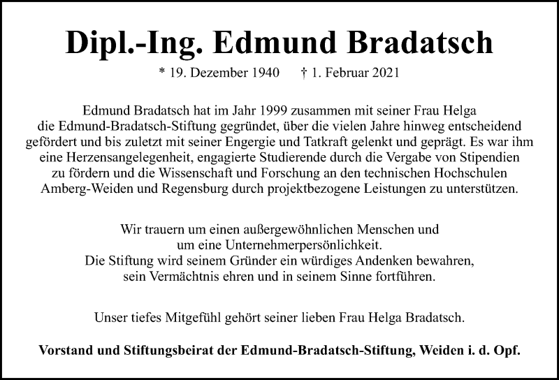  Traueranzeige für Edmund Bradatsch vom 06.02.2021 aus Mittelbayerische Zeitung Regensburg
