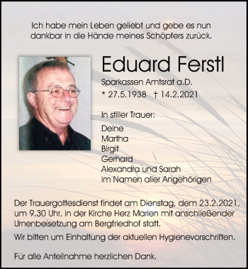 Traueranzeige von Eduard Ferstl von Mittelbayerische Zeitung Regensburg