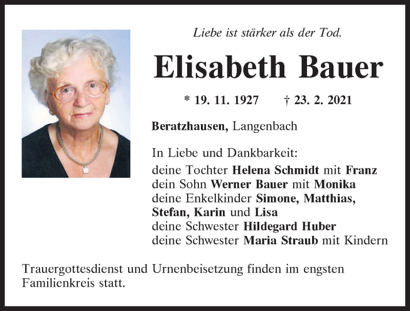  Traueranzeige für Elisabeth Bauer vom 26.02.2021 aus Mittelbayerische Zeitung Regensburg