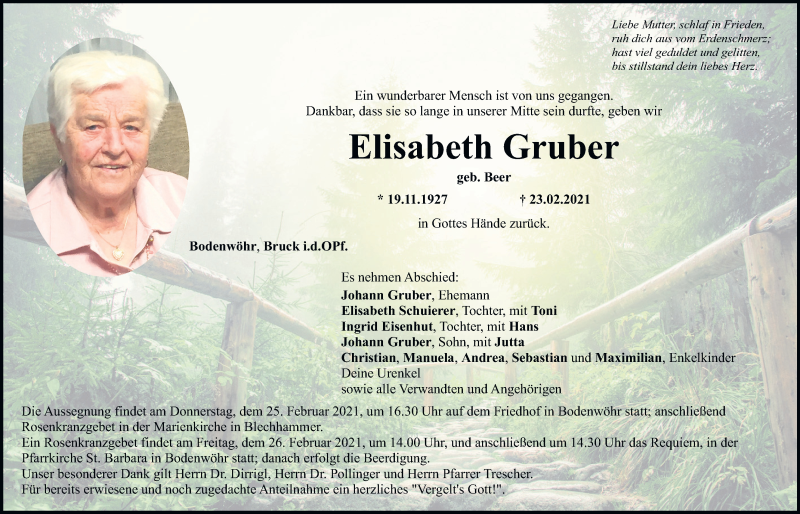  Traueranzeige für Elisabeth Gruber vom 25.02.2021 aus Mittelbayerische Zeitung Schwandorf