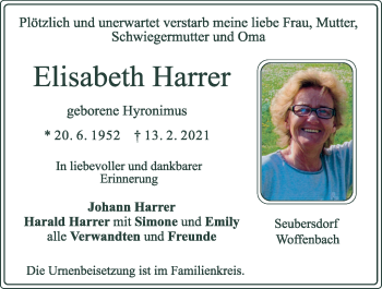 Traueranzeige von Elisabeth Harrer von Neumarkter Tagblatt