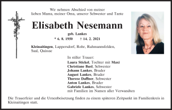 Traueranzeige von Elisabeth Nesemann von Mittelbayerische Zeitung Kelheim