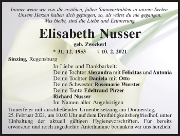 Traueranzeige von Elisabeth Nusser von Mittelbayerische Zeitung Regensburg