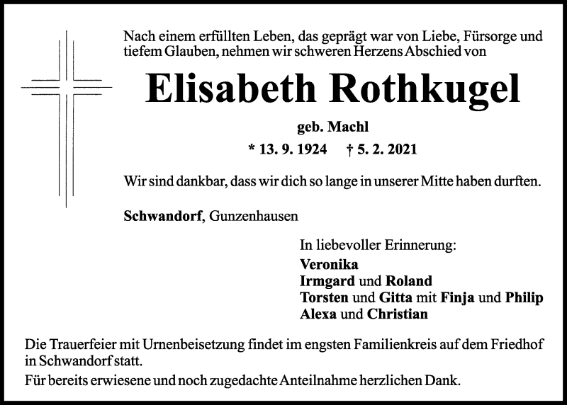  Traueranzeige für Elisabeth Rothkugel vom 13.02.2021 aus Mittelbayerische Zeitung Schwandorf