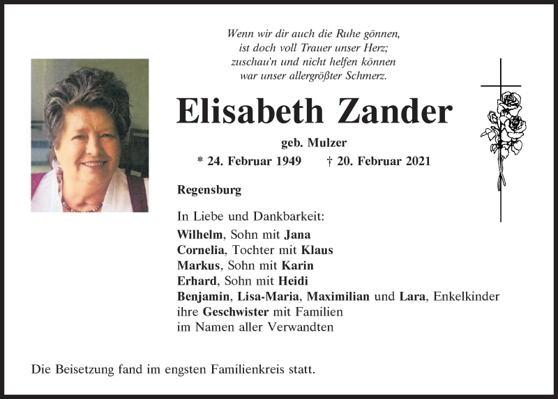  Traueranzeige für Elisabeth Zander vom 27.02.2021 aus Mittelbayerische Zeitung Regensburg
