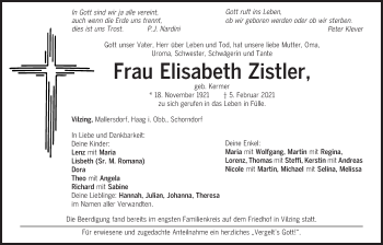 Traueranzeige von Elisabeth Zistler von Bayerwald Echo