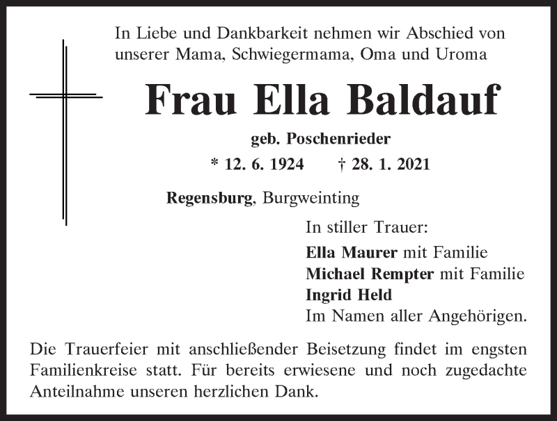  Traueranzeige für Ella Baldauf vom 06.02.2021 aus Mittelbayerische Zeitung Regensburg