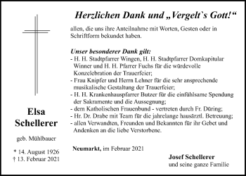 Traueranzeige von Elsa Schellerer von Neumarkter Tagblatt