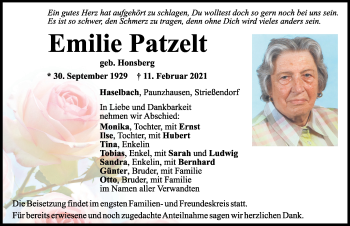 Traueranzeige von Emilie Patzelt von Mittelbayerische Zeitung Schwandorf