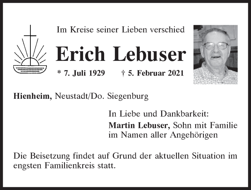  Traueranzeige für Erich Lebuser vom 13.02.2021 aus Mittelbayerische Zeitung Kelheim