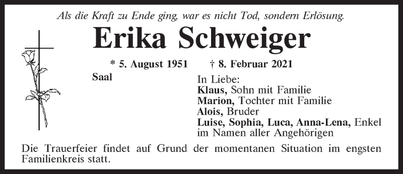  Traueranzeige für Erika Schweiger vom 13.02.2021 aus Mittelbayerische Zeitung Kelheim