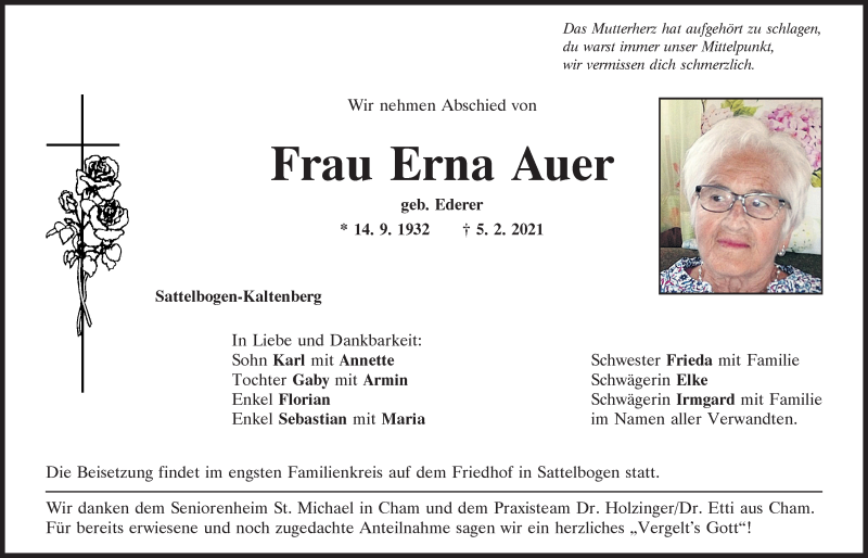  Traueranzeige für Erna Auer vom 13.02.2021 aus Bayerwald Echo