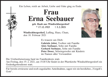 Traueranzeige von Erna Seebauer von Bayerwald Echo