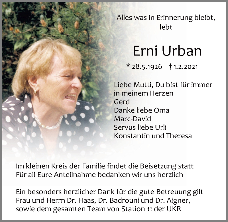  Traueranzeige für Erni Urban vom 13.02.2021 aus Mittelbayerische Zeitung Regensburg