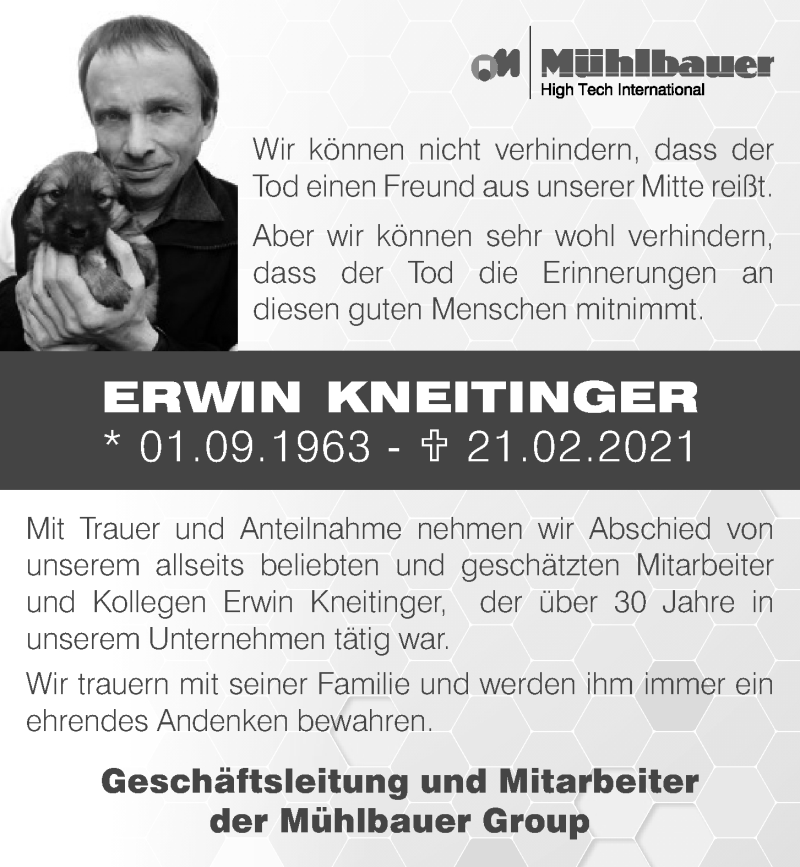  Traueranzeige für Erwin Kneitinger vom 27.02.2021 aus Bayerwald Echo