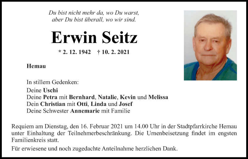  Traueranzeige für Erwin Seitz vom 13.02.2021 aus Mittelbayerische Zeitung Regensburg