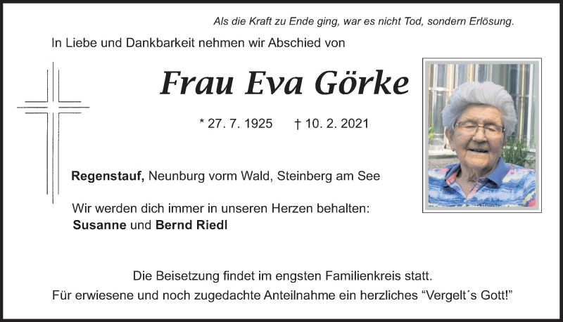  Traueranzeige für Eva Görke vom 16.02.2021 aus Mittelbayerische Zeitung Schwandorf