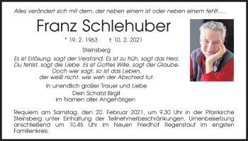 Traueranzeige von Franz Schlehuber von Mittelbayerische Zeitung Regensburg
