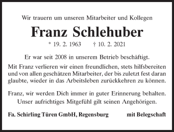 Traueranzeige von Franz Schlehuber von Mittelbayerische Zeitung Regensburg