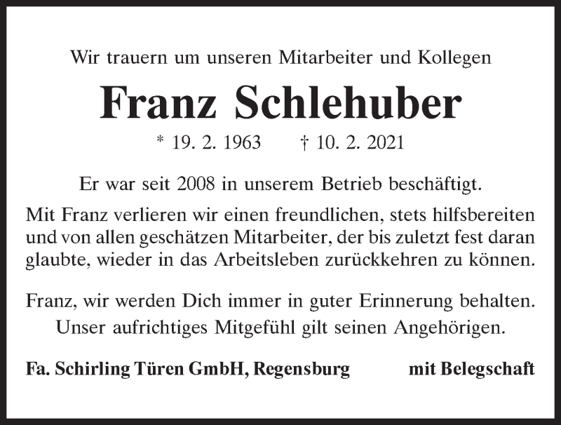  Traueranzeige für Franz Schlehuber vom 13.02.2021 aus Mittelbayerische Zeitung Regensburg