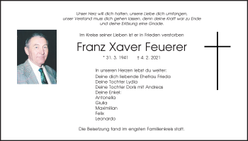 Traueranzeige von Franz Xaver Feuerer von Mittelbayerische Zeitung Schwandorf
