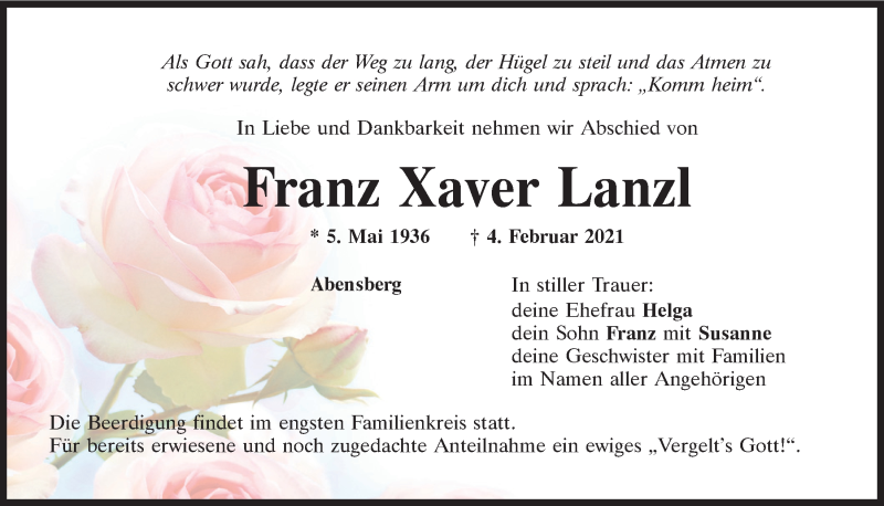  Traueranzeige für Franz Xaver Lanzl vom 06.02.2021 aus Mittelbayerische Zeitung Kelheim