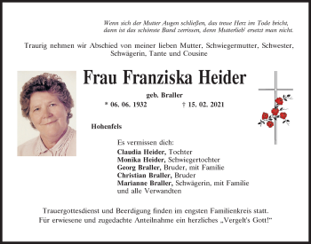 Traueranzeige von Franziska Heider von Neumarkter Tagblatt