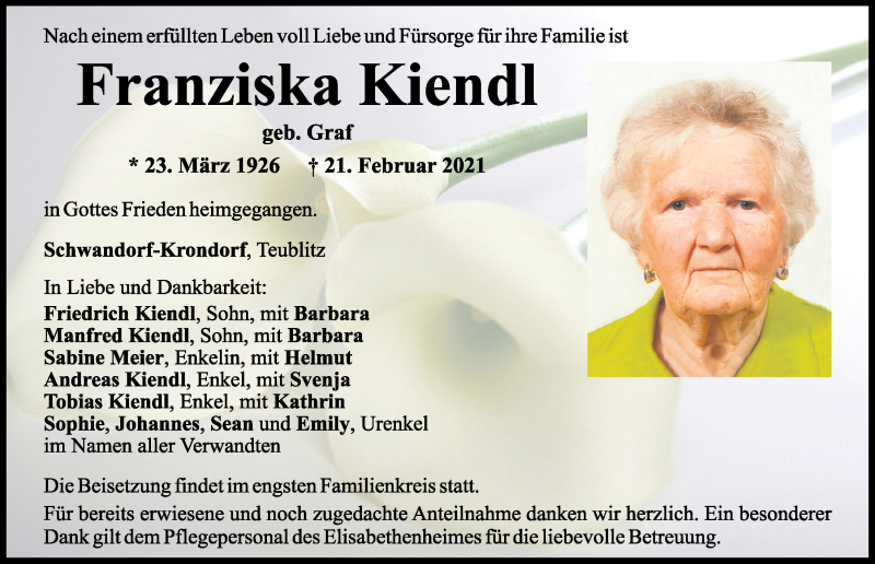  Traueranzeige für Franziska Kiendl vom 24.02.2021 aus Mittelbayerische Zeitung Schwandorf