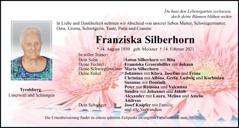  Traueranzeige für Franziska Silberhorn vom 16.02.2021 aus Neumarkter Tagblatt