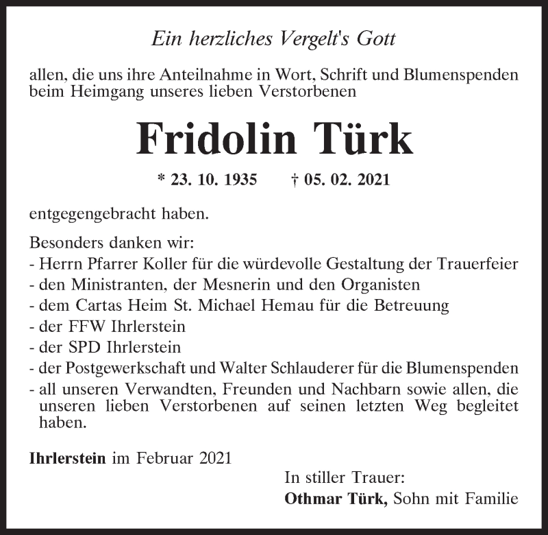  Traueranzeige für Fridolin Türk vom 23.02.2021 aus Mittelbayerische Zeitung Kelheim