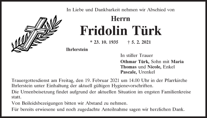  Traueranzeige für Fridolin Türk vom 13.02.2021 aus Mittelbayerische Zeitung Kelheim