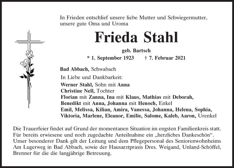  Traueranzeige für Frieda Stahl vom 13.02.2021 aus Mittelbayerische Zeitung Regensburg