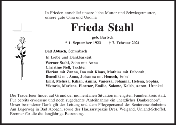 Traueranzeige von Frieda Stahl von Mittelbayerische Zeitung Regensburg