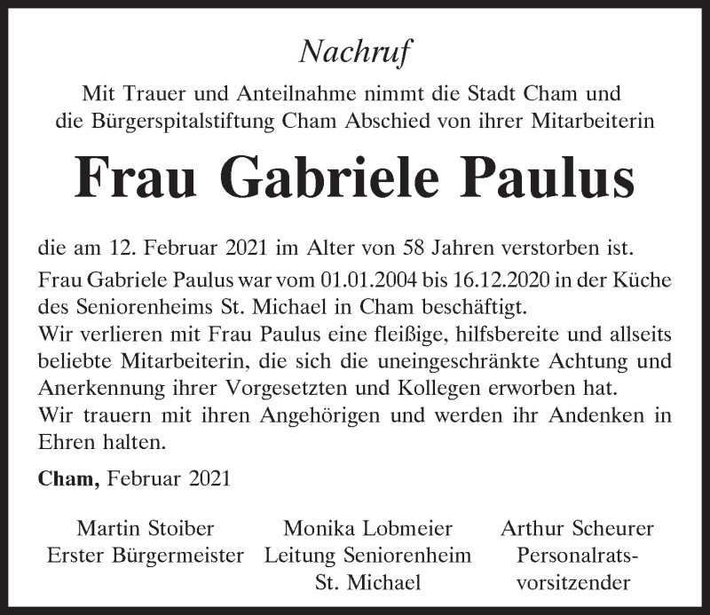  Traueranzeige für Gabriele Paulus vom 20.02.2021 aus Bayerwald Echo