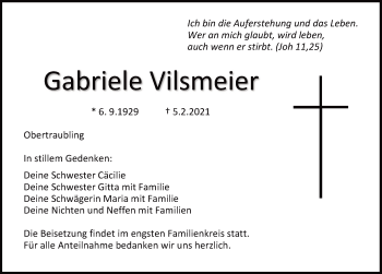 Traueranzeige von Gabriele Vilsmeier von Mittelbayerische Zeitung Regensburg