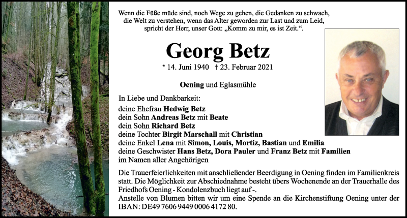  Traueranzeige für Georg Betz vom 25.02.2021 aus Neumarkter Tagblatt