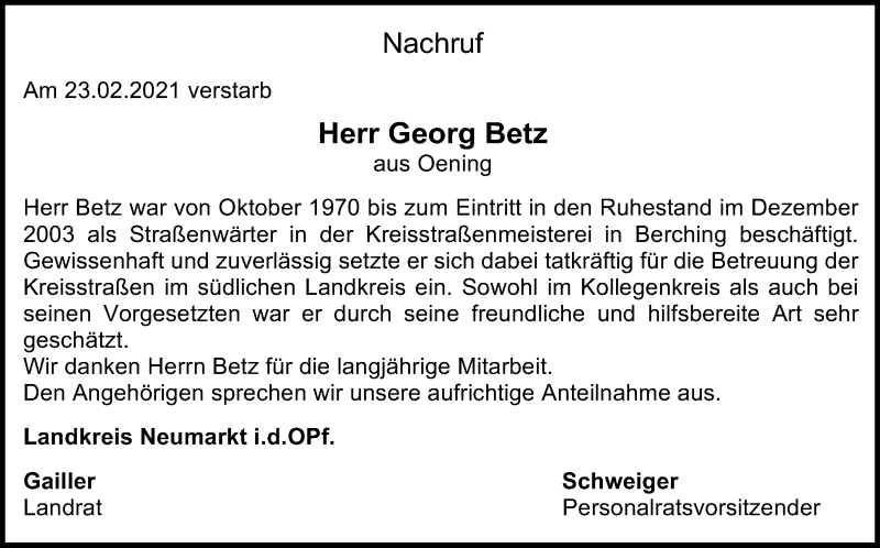  Traueranzeige für Georg Betz vom 27.02.2021 aus Neumarkter Tagblatt