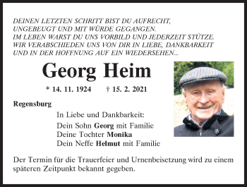Traueranzeige von Georg Heim von Mittelbayerische Zeitung Regensburg