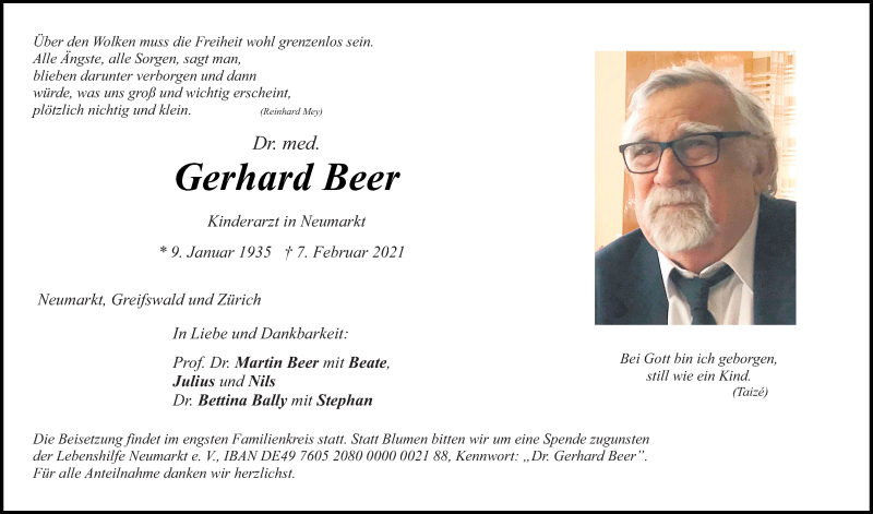  Traueranzeige für Gerhard Beer vom 13.02.2021 aus Neumarkter Tagblatt