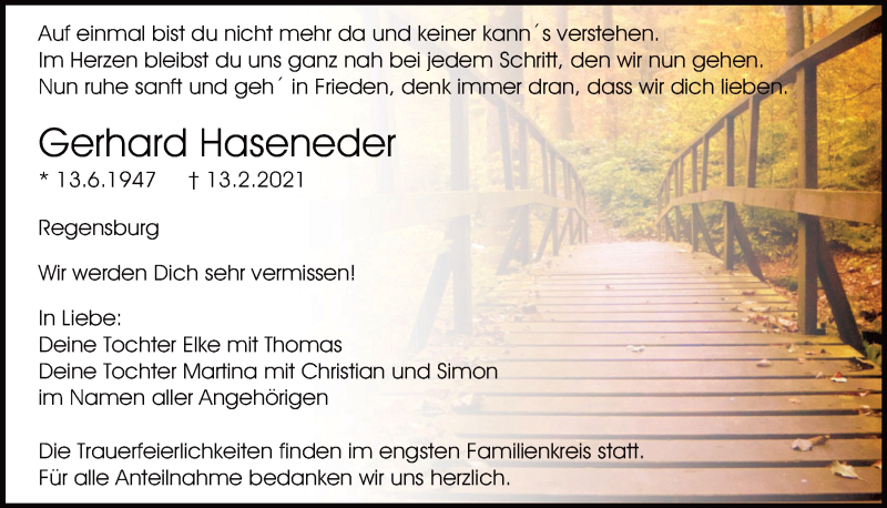  Traueranzeige für Gerhard Haseneder vom 17.02.2021 aus Mittelbayerische Zeitung Regensburg