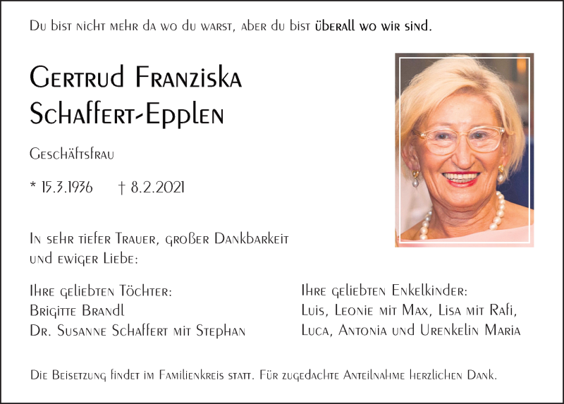  Traueranzeige für Gertrud Franziska Schaffert-Epplen vom 12.02.2021 aus Neumarkter Tagblatt