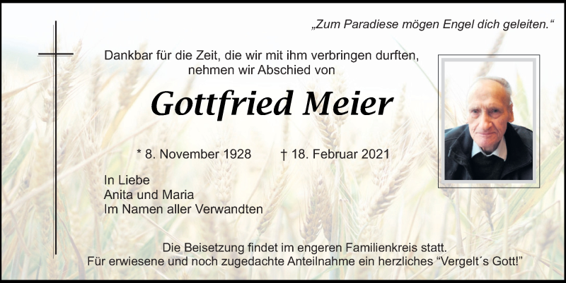  Traueranzeige für Gottfried Meier vom 20.02.2021 aus Mittelbayerische Zeitung Schwandorf