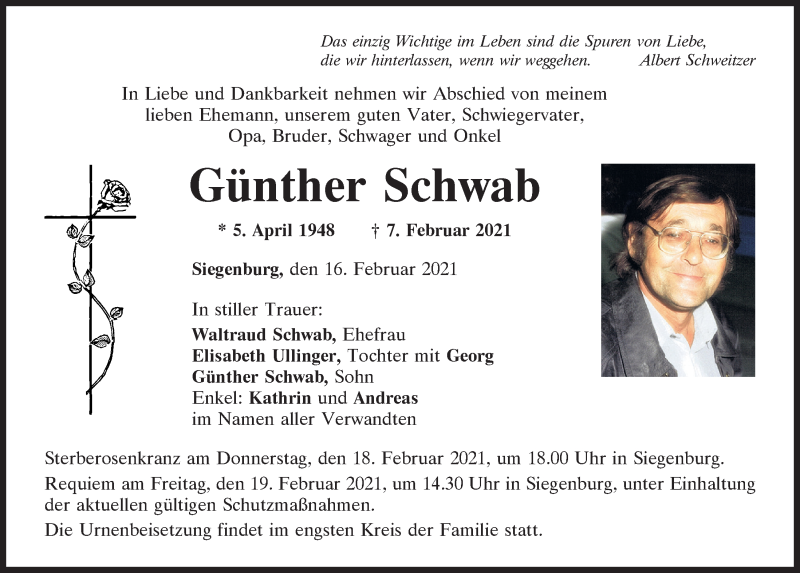  Traueranzeige für Günther Schwab vom 16.02.2021 aus Mittelbayerische Zeitung Kelheim