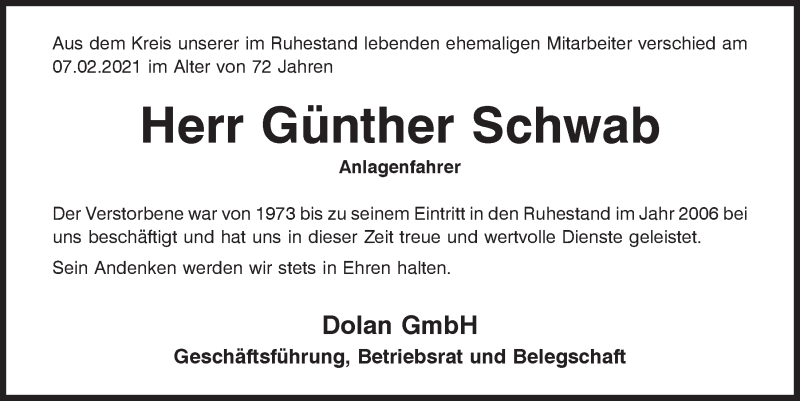  Traueranzeige für Günther Schwab vom 17.02.2021 aus Mittelbayerische Zeitung Kelheim